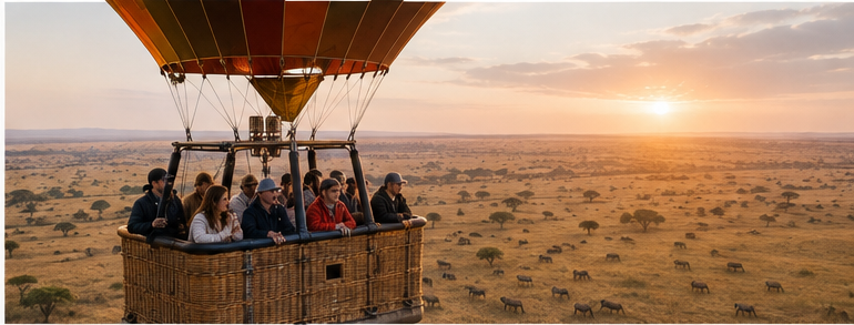 Passengers on a shared hot air balloon flight floating over the Maasai Mara savannah at sunrise